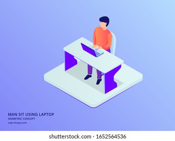 man work on the desk table with laptop notebook analyze data with modern isometric style