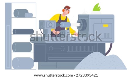 Man work on factory lathe machine. Industrial manufacture