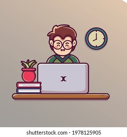 man work on laptop cartoon ilustration