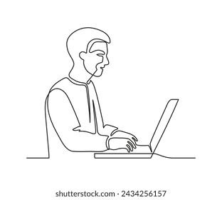 Hombre trabajando en la computadora portátil, dibujo continuo de una línea. Aprendizaje o negocios en línea. Simple minimalismo simple estilo de contorno. Ilustración de vector