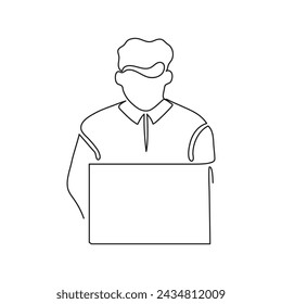 Man work on laptop, continuous one line drawing. Learning or business on computer online. Simple single minimalism outline style. Vector illustration