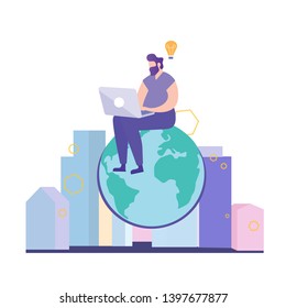 Man Work on Laptop. Generation Idea. Creating Business Ideas. New Technologies. Work at Laptop. Turn into Reality Thoughts. Use Electronic Media. Work on Project. Vector Illustration. Control System.