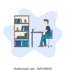 a man work on laptop at home, work from home, stay at home, work at home