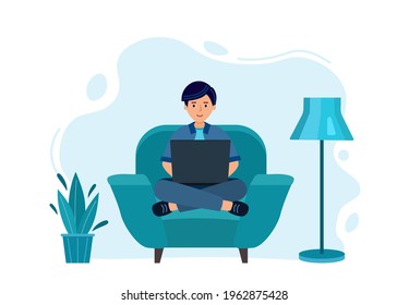 Man work on laptop. Works at home, sits on blue chair. Studying distantly from home in coronavirus. Cozy house room. Vector illustration  in flat style.