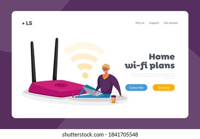 Man Work on Pc, Modern Networking Landing Page Template. Tiny Male Character with Laptop and Coffee Cup Sitting at Huge Wifi Router Using Wireless Internet Connection. Cartoon Vector Illustration