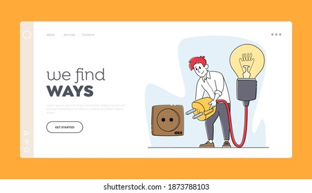 Trabajo principal en la búsqueda de proyectos para la plantilla de la página de inicio de ideas creativas. Conmutador de caracteres masculinos de negocios en el enchufe para una enorme lámpara de luz. Investigación, Creatividad de Insight. Ilustración de vectores lineales