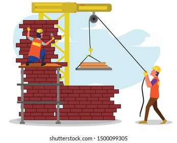Man work on the wall brick installation. Concept for building and construction, Flat style vector illustration isolated on white background, suitable for wallpaper, banner, book illustration