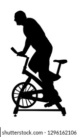 Man work out on exercise bike vector silhouette. Biking in gym cardio training. Indoor cycling bikes worming up. Sport boy losing weight.  Fitness instructor. Personal trainer riding stationary bike