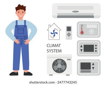 A man in work overalls with a set of different conditioners on a white background. Vector illustration of cooling systems for home, eps 10, in cartoon style