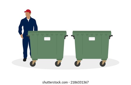 Man in work overalls stands near a trash cans on a white background