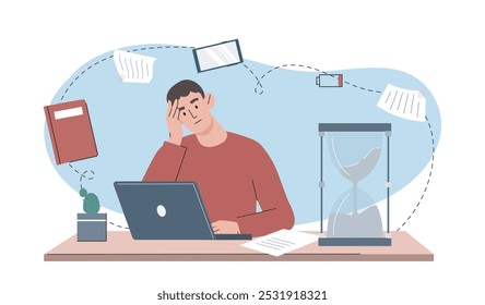 Man with work schedule. Tired young guy sitting at laptop near hourglass. Time management and efficient workflow in workplace. Flat vector illustration isolated on white background