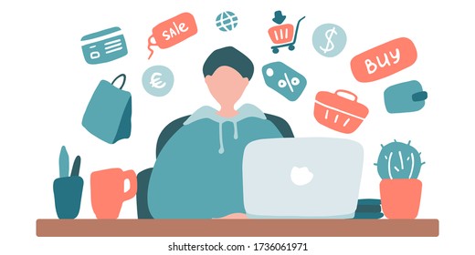 Man work and shopping online for the period of quarantine. Person can not leave home and order food and goods in online store