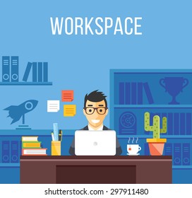 Man at work. Man in suit in office room. Creative flat design interior, workplace, workspace concepts. Office worker, freelancer, developer in his room concepts. Trendy vector illustration