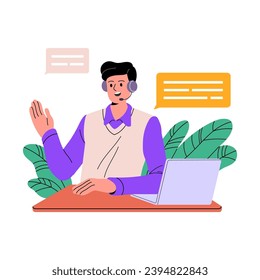 Man work in support center. Operator with headset helps clients. Consultant with headphones talk, speak with customers. Helpdesk, hotline worker. Flat isolated vector illustration on white background