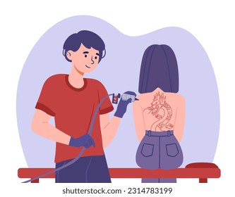 Man work tattoo at girl concept. Young guy draws linear red droacon on womans back. Creativity and art. Master in tattoo parlor with client, tattoo artist, tattooist. Cartoon flat vector illustration