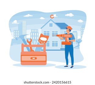  Man with work tools accepts carpenters services.  flat vector modern illustration 
