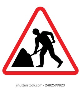 man at work warning sign, red triangle, black arrow, traffic symbol, Cautionary Road Sign.