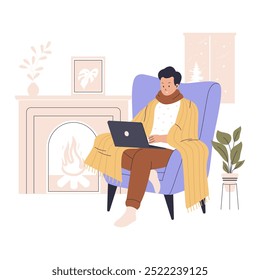 Man work in winter at home warming with blanket. Illustration for websites, landing pages, mobile apps, posters and banners. Trendy flat vector illustration