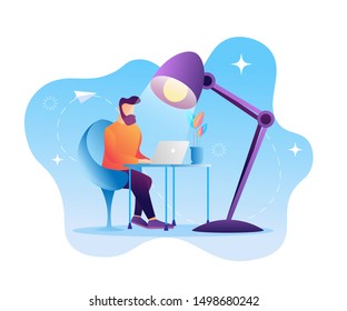 A man at work. Working at a laptop. Flat Colorful style. Blue background, Workplace. Vector illustration