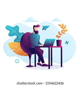 A man at work. Working at a laptop. Flat Colorful style. Violet background, Workplace. Web page template. Vector illustration
