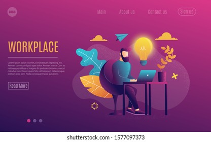 A man at work. Working at a laptop. Flat Colorful style.Workplace. Web page template. Violet Background. Vector illustration