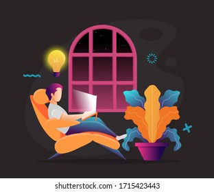 A man at work. Working at a laptop. Flat Colorful style.Workplace. Web page template. Black Background. Vector illustration