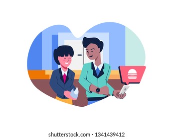A man worker asking his co worker girl to go out for a lunch illustration vector isolated