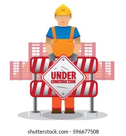 man worker with blue jumpsuit and yellow helmet in front of building holding under construction sign, vector illustration
