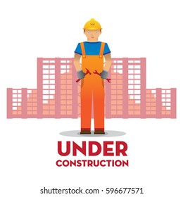 man worker with blue jumpsuit and yellow helmet in front of building holding spanner, vector illustration