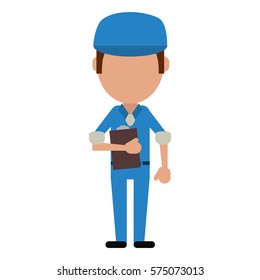 man worker blue uniform clipboard and cap