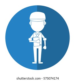 man worker blue uniform clipboard and cap shadow