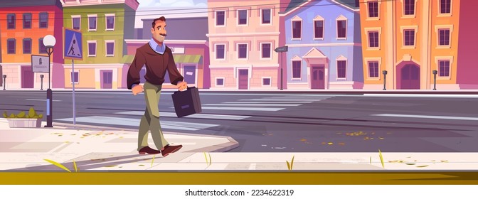 Man worker with briefcase walk on city street. Vector cartoon illustration of autumn cityscape with houses, road with pedestrian crosswalk and technician with tool box goes to job