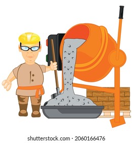 Man worker builder beside concrete mixers with shovel