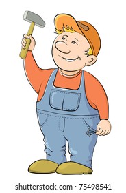 Man the worker in a cap and a uniform hammers in a nail, vector