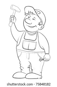 Man the worker in a cap and a uniform hammers in a nail, vector, contours