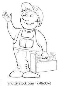 Man worker in a cap and a uniform with a toolbox, vector, contours