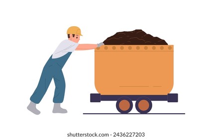 Personaje de caricatura de trabajador hombre transportando mineral extraído en vagón dedicado a la minería de carbón en la mina