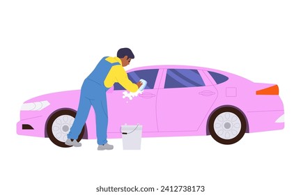 Man worker cartoon character washing window of custom car using sponge and foamy detergent