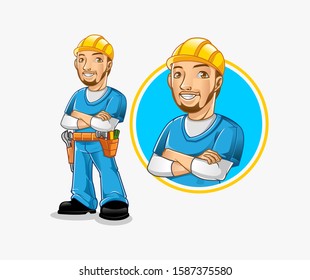 man worker character with equipment in belt vector illustration.  half body illustration of worker can use for mascot, symbol and other.