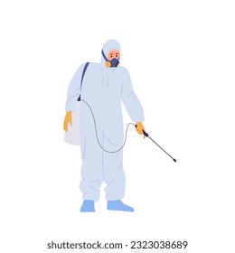 Man worker character wearing hazmat overalls of disinfection spraying toxic poison against pests