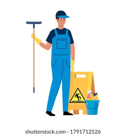 man worker of cleaning service, and cleaning tools on white background vector illustration design