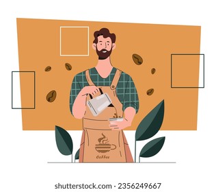 Man worker in coffee shop. Young guy in apron with hot drink. Aroma and beverage. Espresso and capuccino, americano. BArista at workplace in catering or cafe. Cartoon flat vector illustration