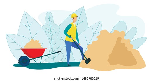 Man Worker Digging Pile of Sand with Shovel Put to Wheelbarrow for using on Construction Site as Ingredient for Making Cement. Builder Profession and Working Process Cartoon Flat Vector Illustration