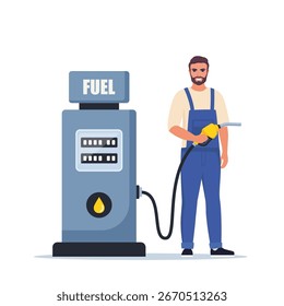 Man worker in gas station uniform pouring tank of car driver, petrol gasoline pump fuel transportation oil refuel biofuel automobile, splendid.