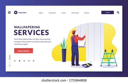 Man Worker Glues Wallpaper To Wall. Handyman Makes House Repair Works Renovate Room Walls. Vector Flat Cartoon Character Illustration. Home Repair, Decoration And Restoration Services Concept