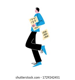 Man worker going in office and holding official documents in hand vector illustration