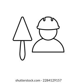 Man worker hard hat with bricks  trowel  icon vector.  Construction equipment. Builder sign