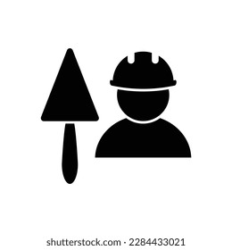 Man worker hard hat with bricks  trowel  icon vector.  Construction equipment. Builder sign