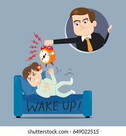 Man worker having bad dreams boss with say wake up, vector illustration cartoon