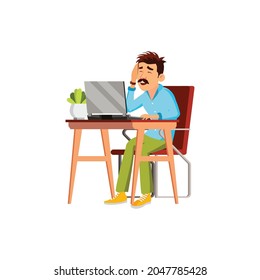 hombre trabajador con dolor de cabeza trabajando en el vector de dibujos animados en el lugar de trabajo. hombre trabajador con dolor de cabeza trabajando en el carácter laboral. ilustración de dibujos animados planos aislados